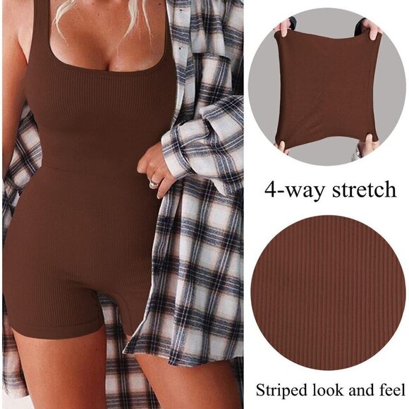 Women Brown Jumpsuit,  Bodycon Seamless Yoga Ribbed Active Romper, Rompers - Picture 6 of 7